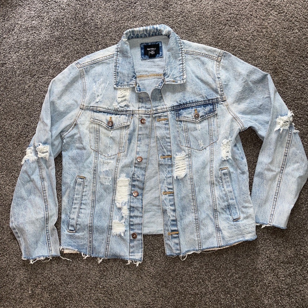 FOREVER 21 Denim Jacket with Distressing/Rips